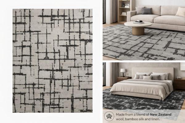 HM-56 Handcrafted Wool & Bamboo Silk Carpet – Modern Geometric Grid Design (8x10 ft)